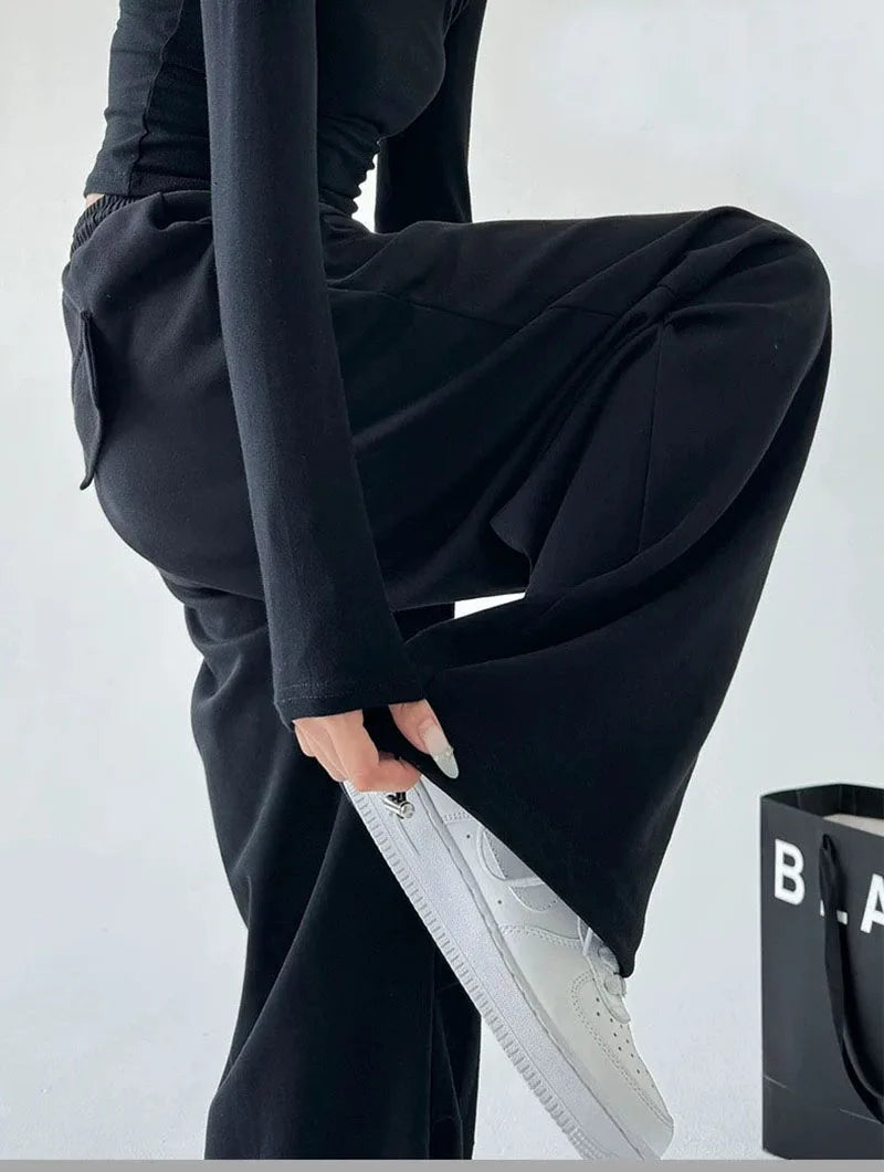 2025 New Harajuku Wide Leg Sweatpants Women Streetwear Baggy Oversize Gray Sports Pants Woman Drawstring Casual Joggers Trousers
