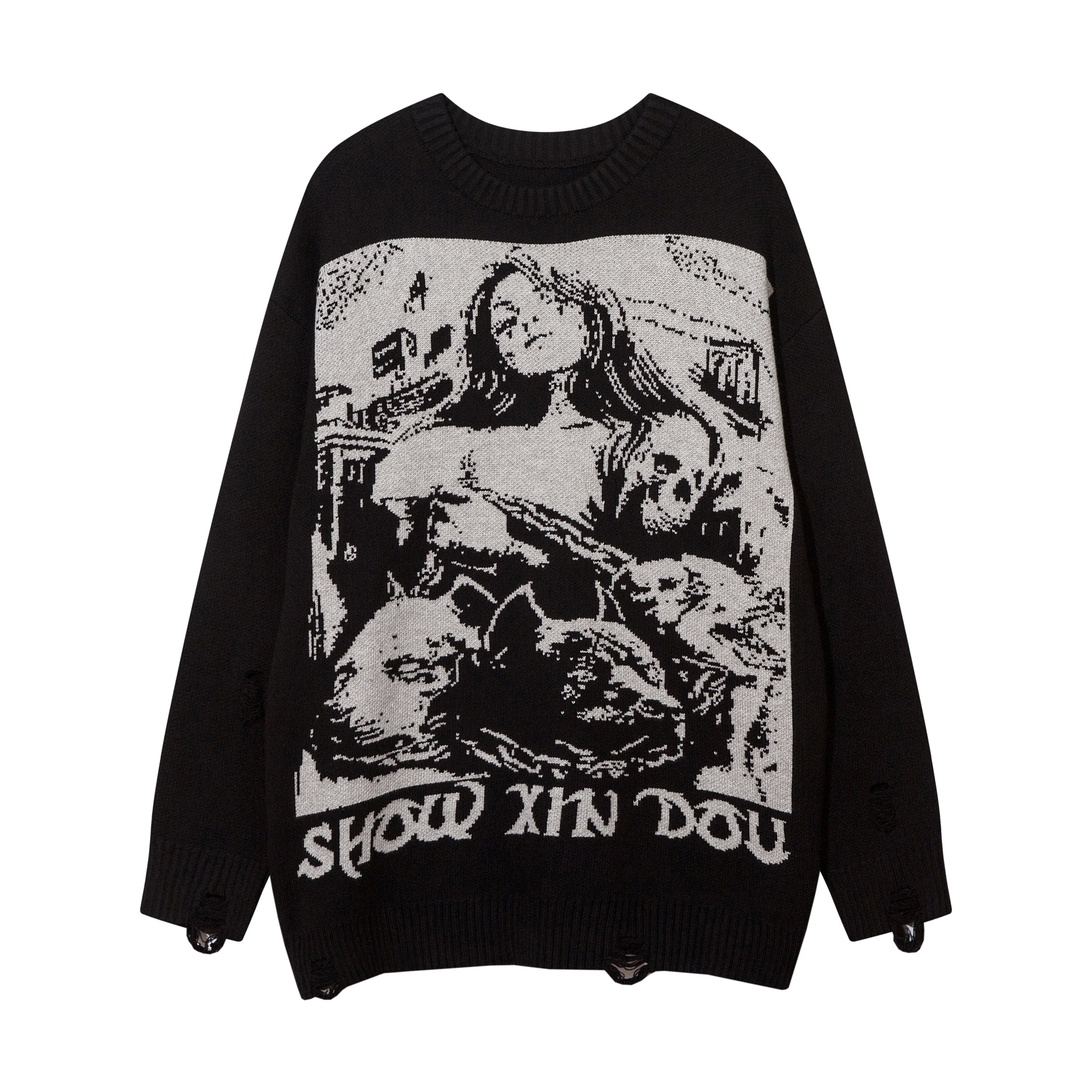 Harajuku Priest Salvation Printed Knitwears Women Streetwear Hip Hop Destroyed Hole Ripped Pullovers Jumper Oversized Men