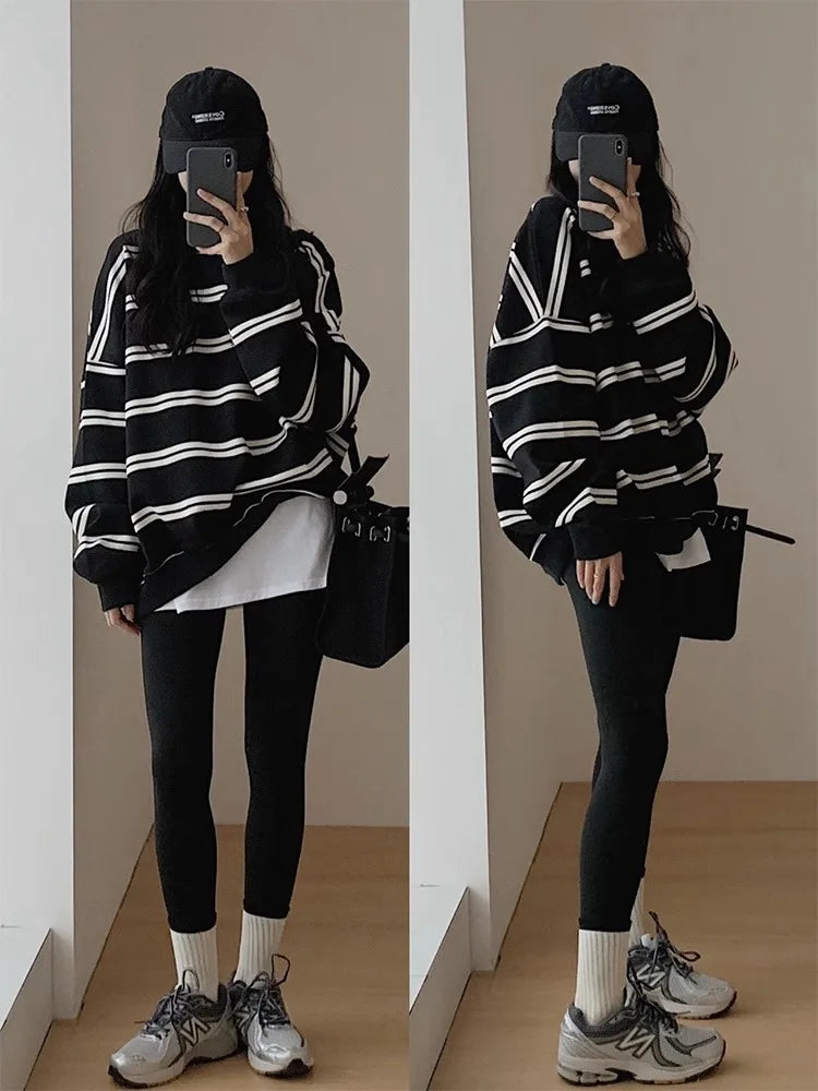 Retro Striped Sweatshirt Women Oversized Round Neck American Classic Loose Fit Long Sleeve Casual Mid To Long Length Top Lazy