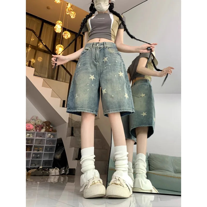 Casual Floral Loose Wide Leg Womens Jeans Retro Star Design Straight Leg Comfort Soft Denim Shorts