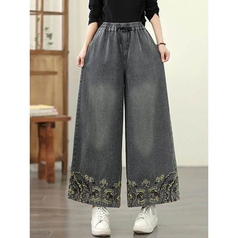 Denim Wide-leg Pants For Women 2025 Autumn Embroidery Elastic Waist Loose And Oversized Casual Denim Straight Pants