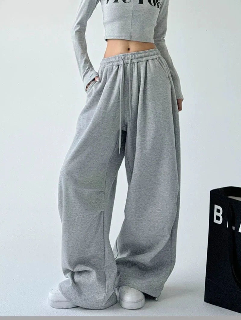 2025 New Harajuku Wide Leg Sweatpants Women Streetwear Baggy Oversize Gray Sports Pants Woman Drawstring Casual Joggers Trousers