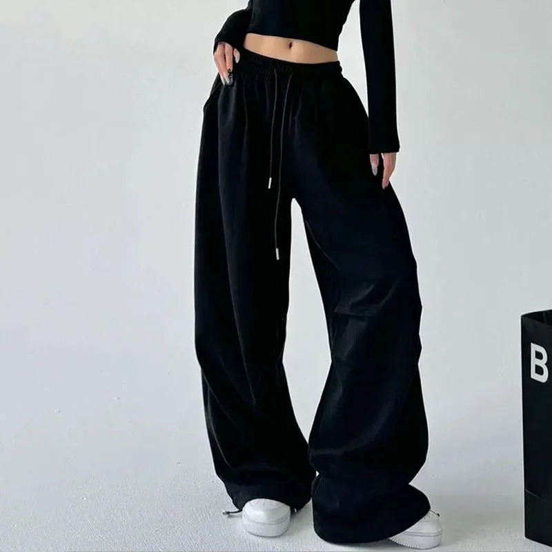 2025 New Harajuku Wide Leg Sweatpants Women Streetwear Baggy Oversize Gray Sports Pants Woman Drawstring Casual Joggers Trousers
