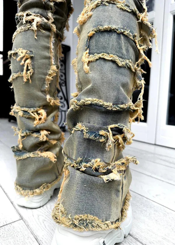 Fashion Stretch Patch Mens Jeans Patchwork Creative Tassels Decoration Straight Denim Trousers for Men Hip Hop Jean Pants