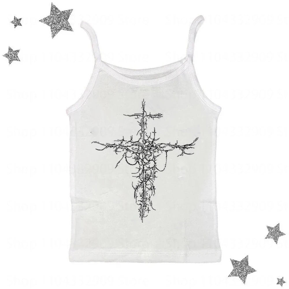 Sleeveless emo Sling Vintage Gothic Y2K Woman Halter Tops 90s Emo Harajuku Slim Punk Aesthetic Crop Tops Hot Girl Grung