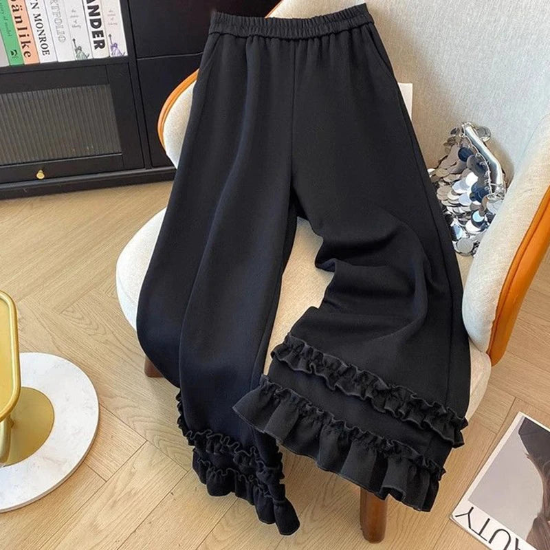 Women Black Pants Autumn Fashion Loose Casual Edible Tree Fungus Wide Leg Trouser Elegant High Waist Chic Office Lady Pants New