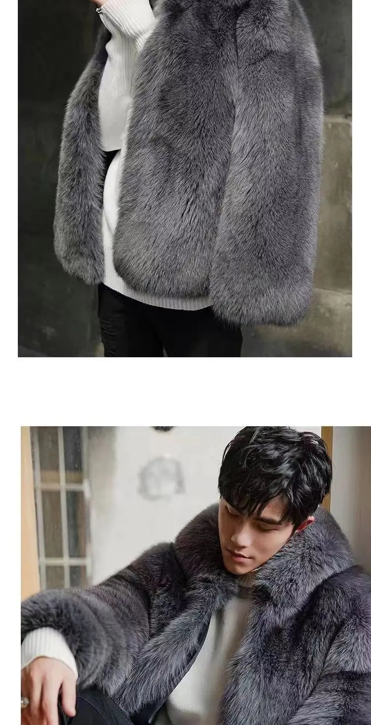 Autumn Winter New Men Fox Fur Hooded Coat  Fashion Light Luxury  Warm Coat Thickened Comfortable Fur Coat Men Brown Fake Fur