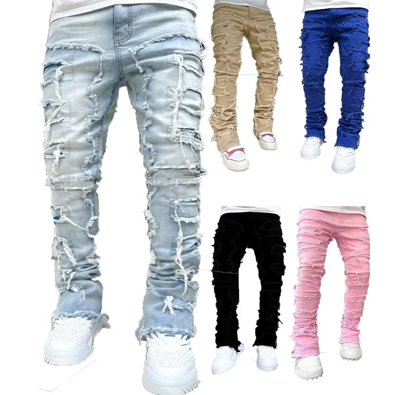 Fashion Stretch Patch Mens Jeans Patchwork Creative Tassels Decoration Straight Denim Trousers for Men Hip Hop Jean Pants