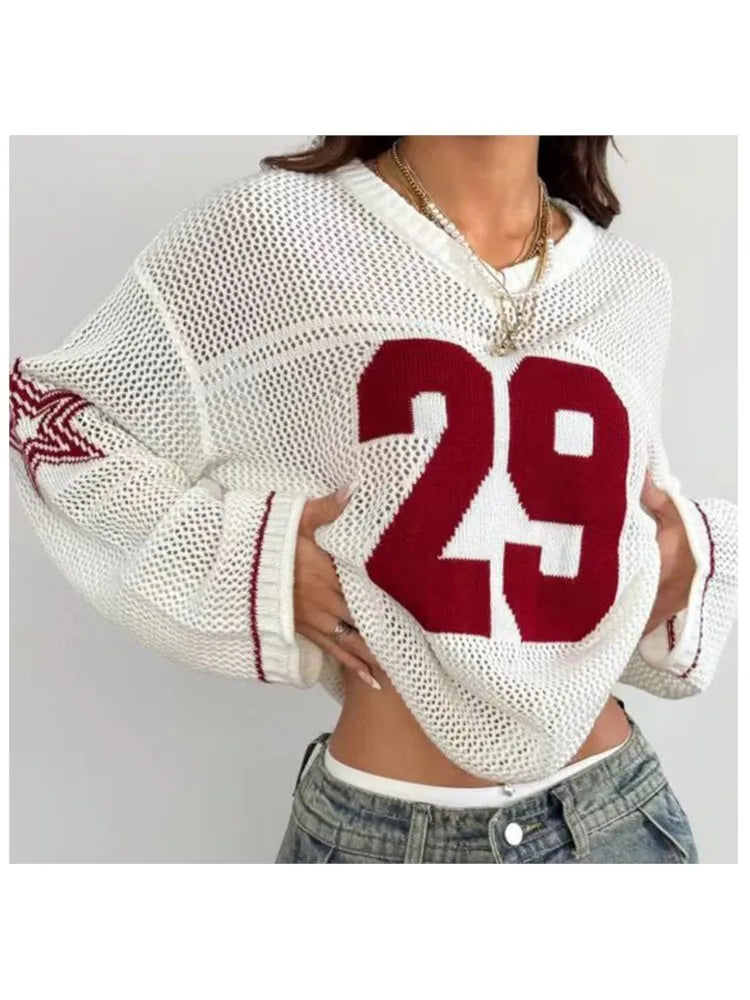 Y2K Fashion Mesh Hollow Out Knitted Pullover Letter Printing Loose Top Women V Neck Long Sleeve Sport Street Summer Sweater