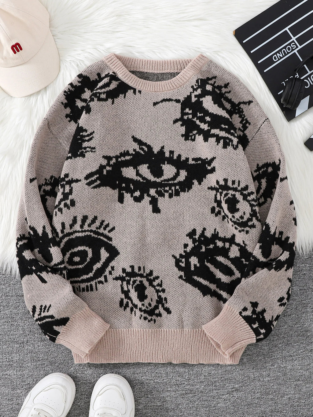 New Popular Autumn and Winter Abstract Eye Jacquard Pattern Pullover Sweater Casual Round Neck Knitted Men's Pullover