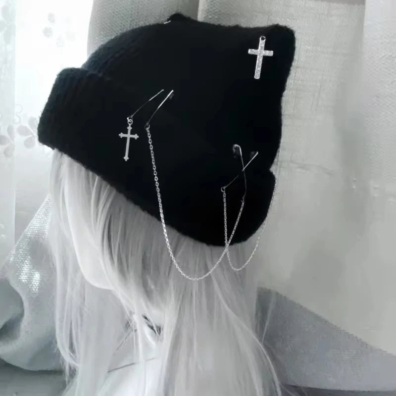 Gothic Knitted Hat for Women Y2K, Handmade Cat Ears Hat, Crochet Skull Hat, Subculture Hats for Teenagers