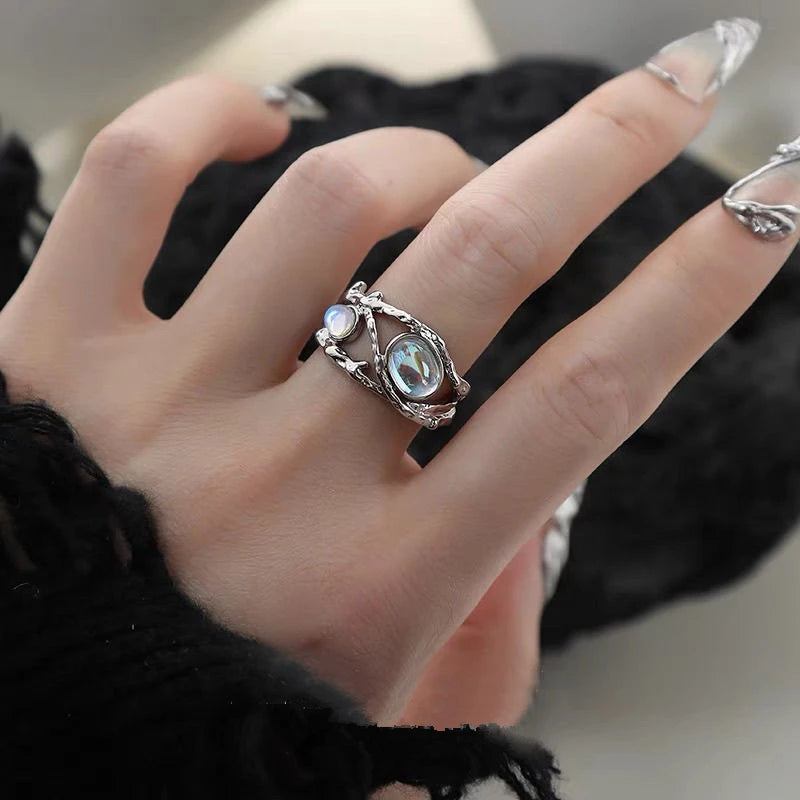 Punk Geometry Moonstone Open Dark Metal Ring For Women Girls Fashion Vintage Jewelry Y2K EMO Grunge EMO Accessories