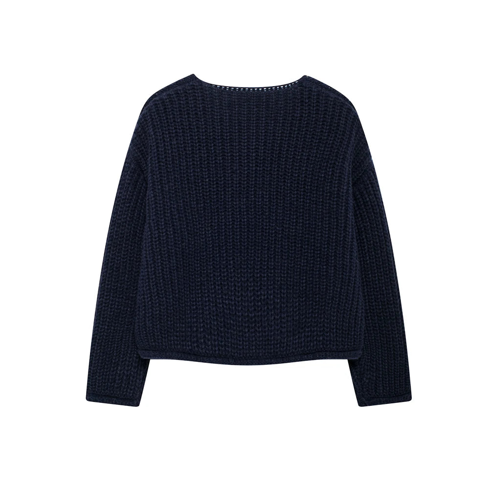 Women's Long Sleeve Knit Cardigan Sweater, Gold Buttons, Front Patch Pockets, O Neck, Female Outerwear, Chic Tops, Fashion