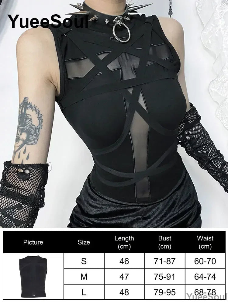 Gothic Lace Mesh Crop Tops Black Sexy Spaghetti Strap Corset Tops Goth Punk Grunge Fairy Core Halloween Y2K Aesthetic Clothes