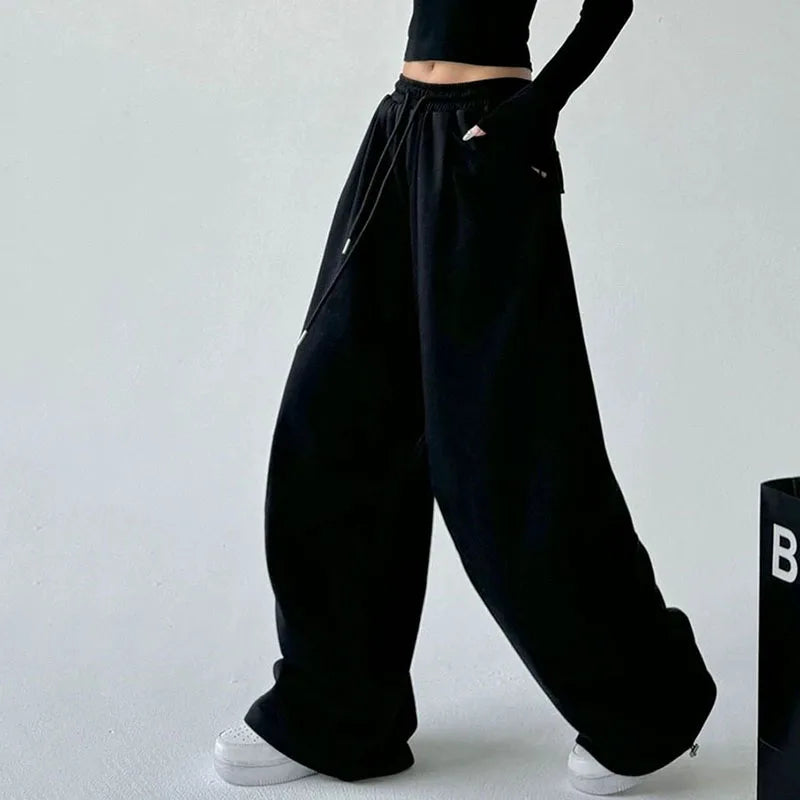 2025 New Harajuku Wide Leg Sweatpants Women Streetwear Baggy Oversize Gray Sports Pants Woman Drawstring Casual Joggers Trousers