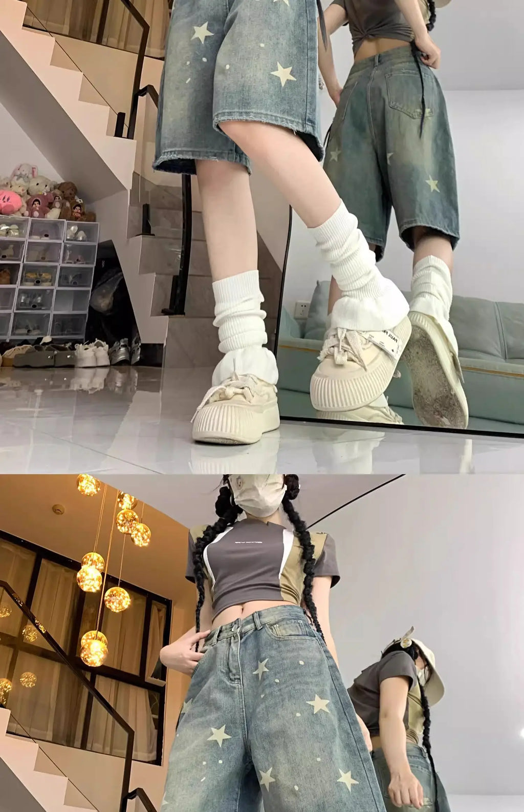 Casual Floral Loose Wide Leg Womens Jeans Retro Star Design Straight Leg Comfort Soft Denim Shorts