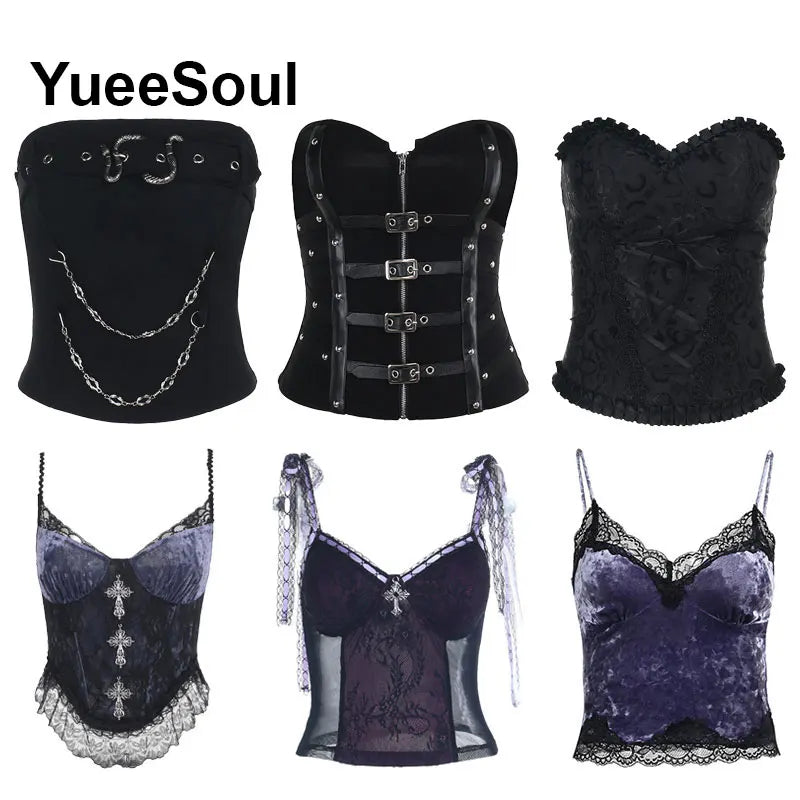 Gothic Lace Mesh Crop Tops Black Sexy Spaghetti Strap Corset Tops Goth Punk Grunge Fairy Core Halloween Y2K Aesthetic Clothes