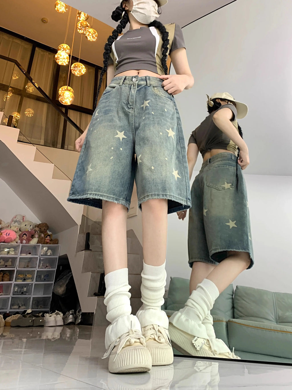 Casual Floral Loose Wide Leg Womens Jeans Retro Star Design Straight Leg Comfort Soft Denim Shorts