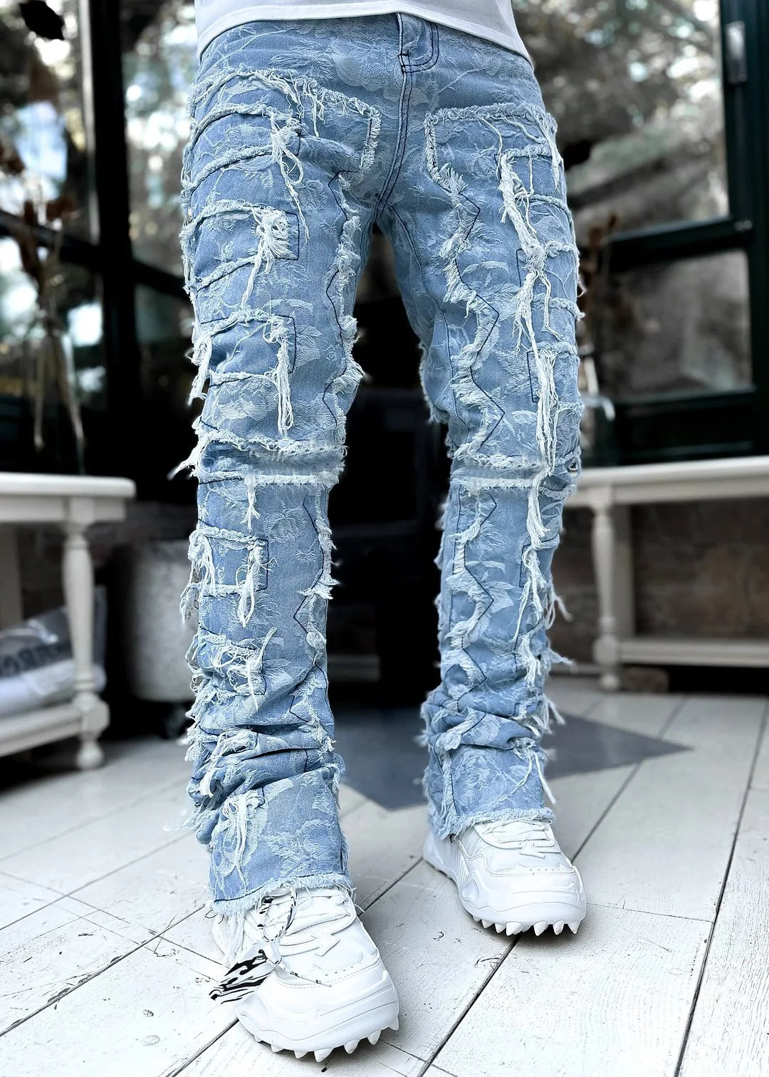 Fashion Stretch Patch Mens Jeans Patchwork Creative Tassels Decoration Straight Denim Trousers for Men Hip Hop Jean Pants