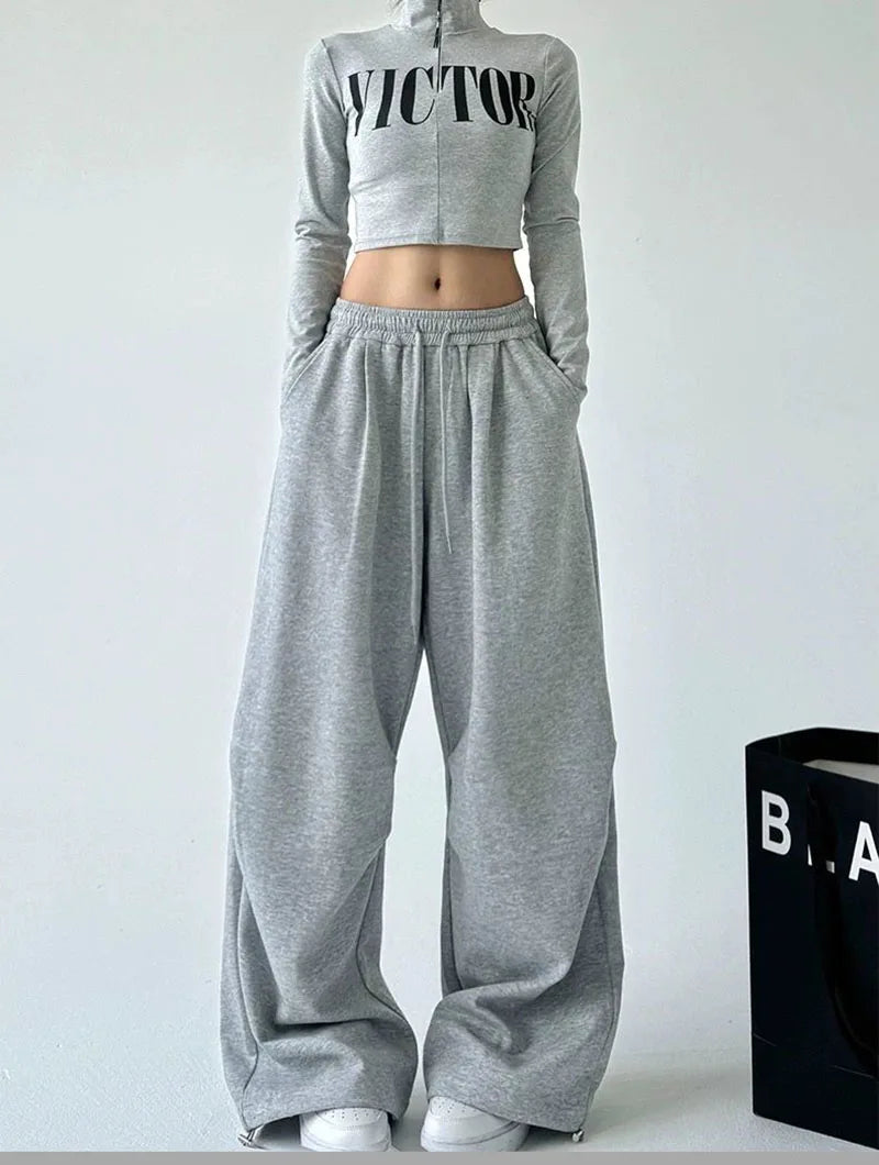 2025 New Harajuku Wide Leg Sweatpants Women Streetwear Baggy Oversize Gray Sports Pants Woman Drawstring Casual Joggers Trousers