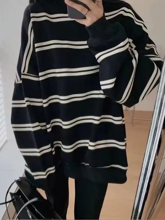 Retro Striped Sweatshirt Women Oversized Round Neck American Classic Loose Fit Long Sleeve Casual Mid To Long Length Top Lazy