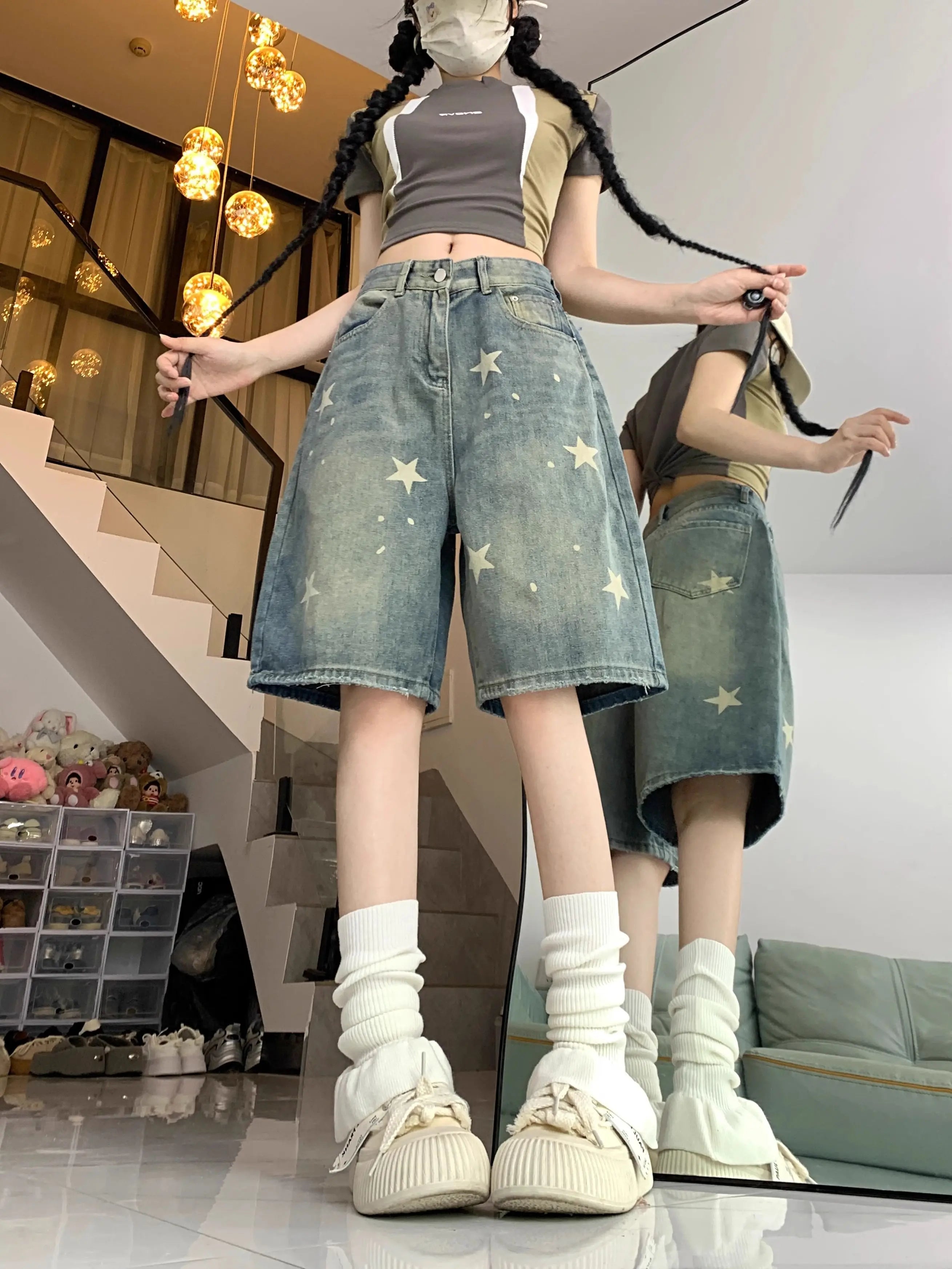Casual Floral Loose Wide Leg Womens Jeans Retro Star Design Straight Leg Comfort Soft Denim Shorts