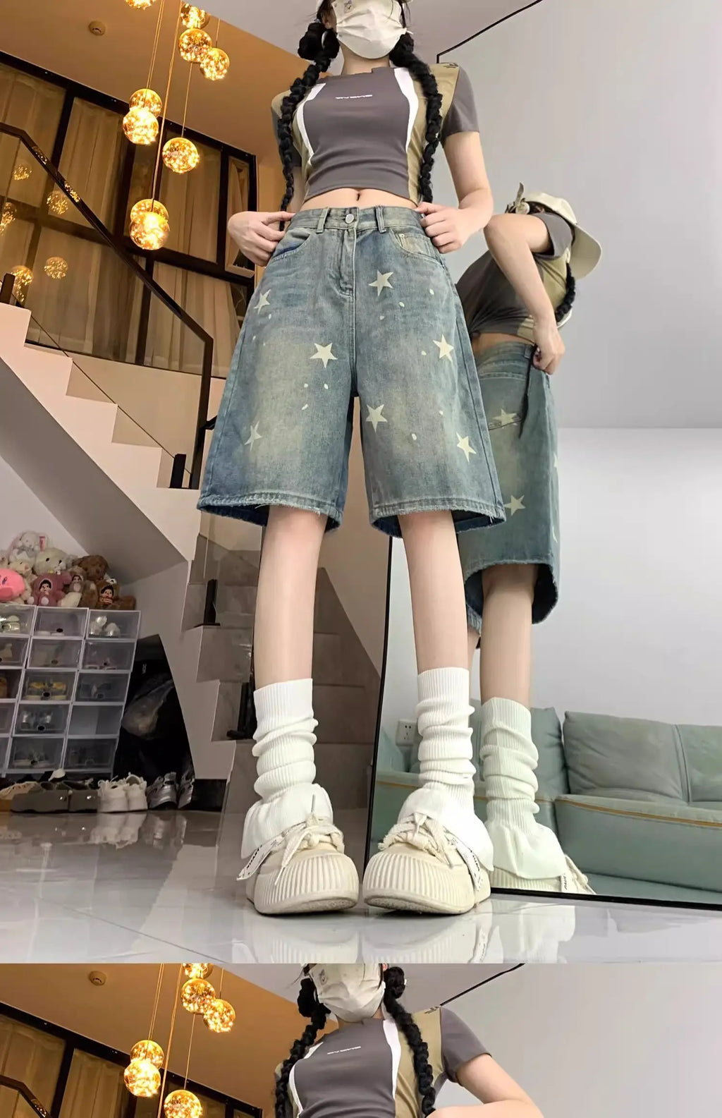 Casual Floral Loose Wide Leg Womens Jeans Retro Star Design Straight Leg Comfort Soft Denim Shorts