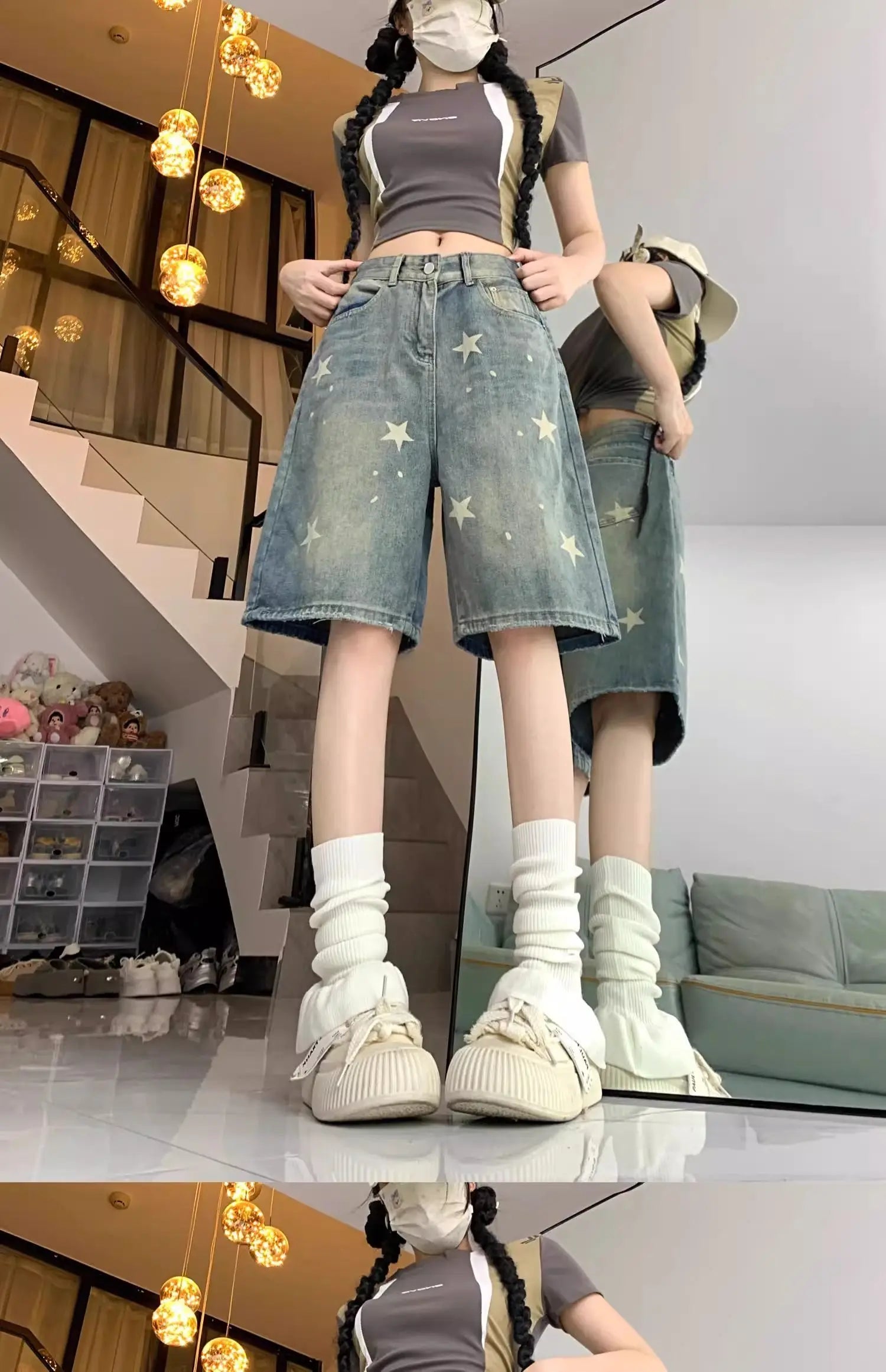 Casual Floral Loose Wide Leg Womens Jeans Retro Star Design Straight Leg Comfort Soft Denim Shorts