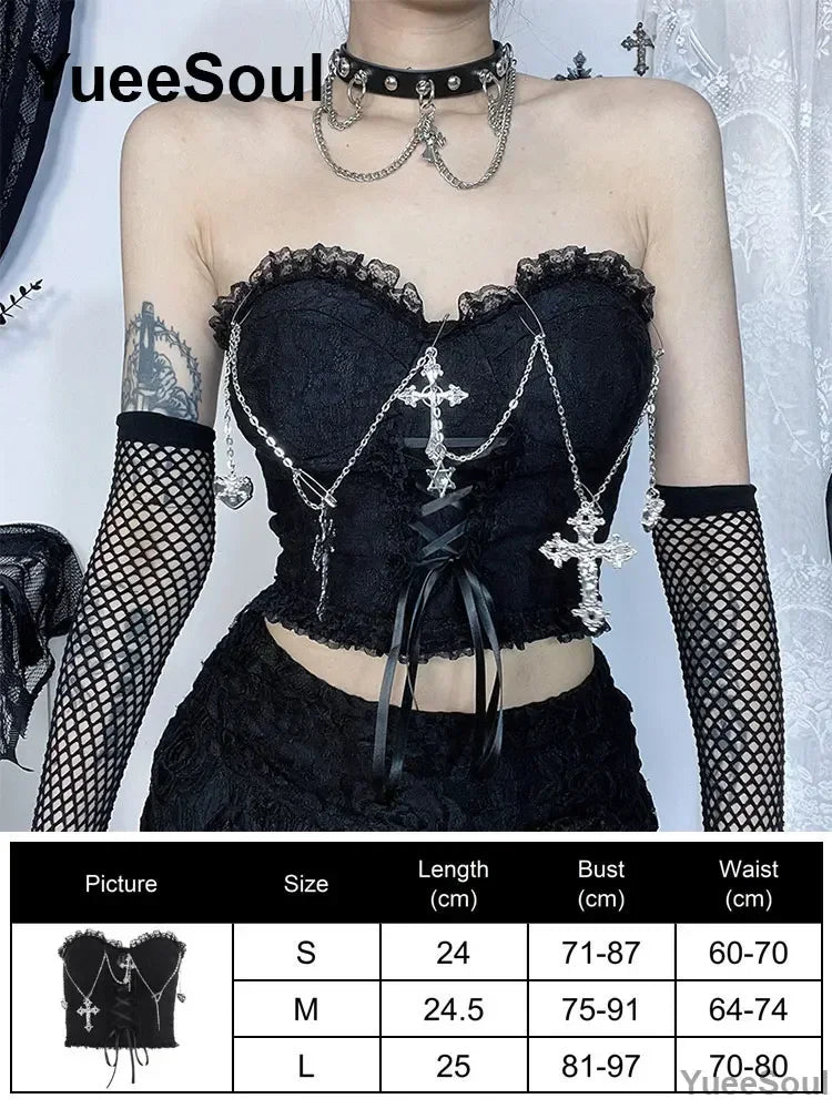 Gothic Lace Mesh Crop Tops Black Sexy Spaghetti Strap Corset Tops Goth Punk Grunge Fairy Core Halloween Y2K Aesthetic Clothes