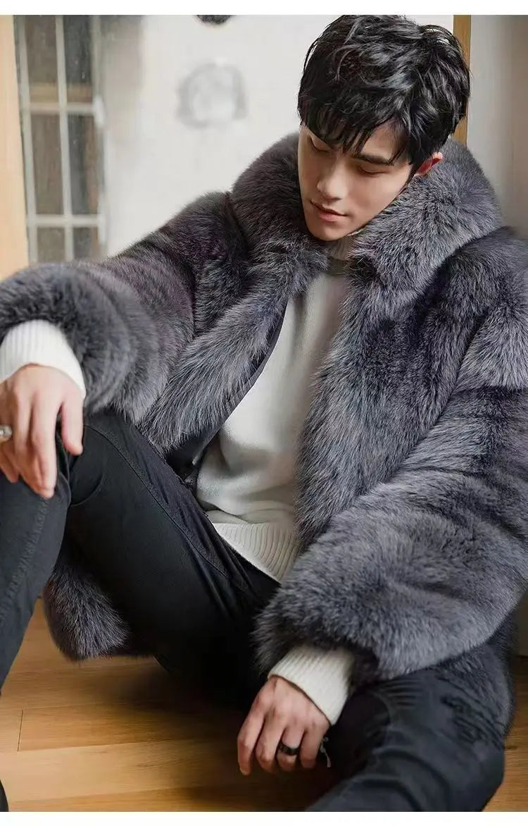 Autumn Winter New Men Fox Fur Hooded Coat  Fashion Light Luxury  Warm Coat Thickened Comfortable Fur Coat Men Brown Fake Fur