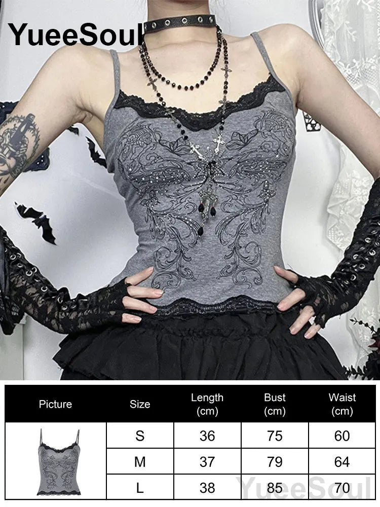 Gothic Lace Mesh Crop Tops Black Sexy Spaghetti Strap Corset Tops Goth Punk Grunge Fairy Core Halloween Y2K Aesthetic Clothes