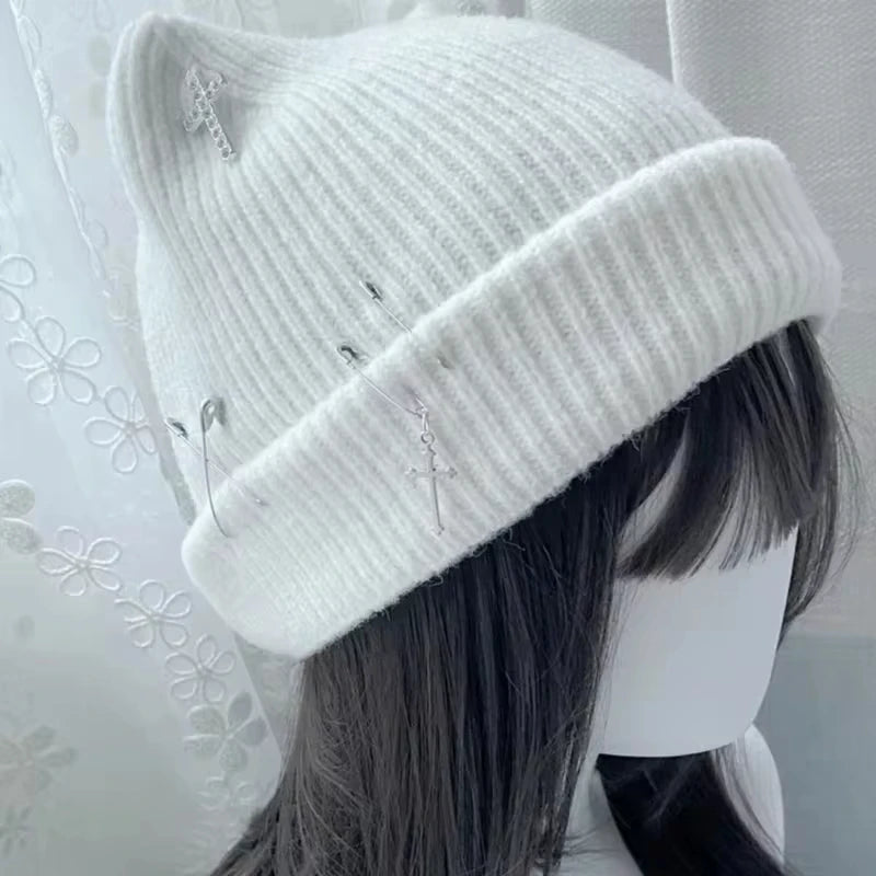 Gothic Knitted Hat for Women Y2K, Handmade Cat Ears Hat, Crochet Skull Hat, Subculture Hats for Teenagers