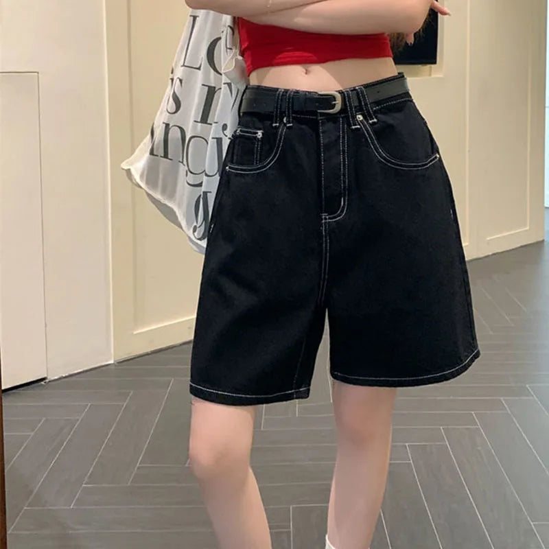 Black Shorts Jeans Women 2025 Summer Baggy Y2K Fashion Straight Denim Short Pants Woman Vintage Streetwear Loose Jean Shorts