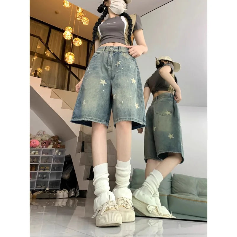 Casual Floral Loose Wide Leg Womens Jeans Retro Star Design Straight Leg Comfort Soft Denim Shorts