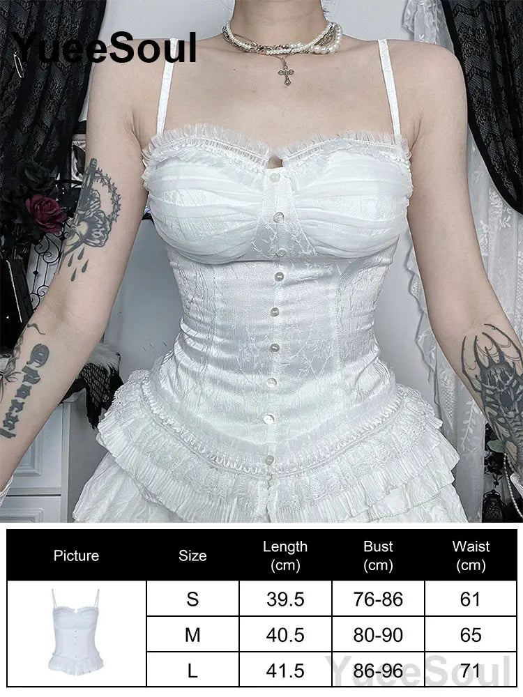 Gothic Lace Mesh Crop Tops Black Sexy Spaghetti Strap Corset Tops Goth Punk Grunge Fairy Core Halloween Y2K Aesthetic Clothes