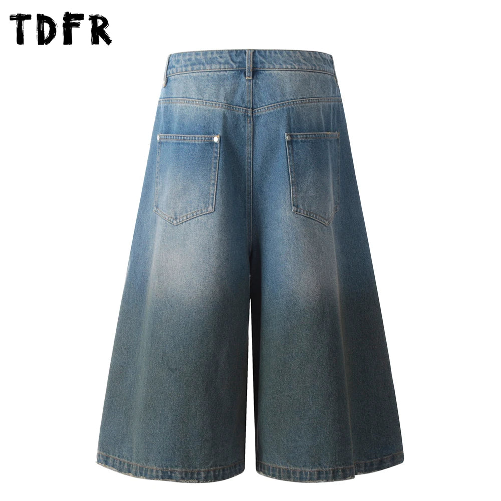 Button Bermuda Denim Shorts Mens Summer Retro Streetwear Dirty Washed Baggy Wide Leg Jorts Man
