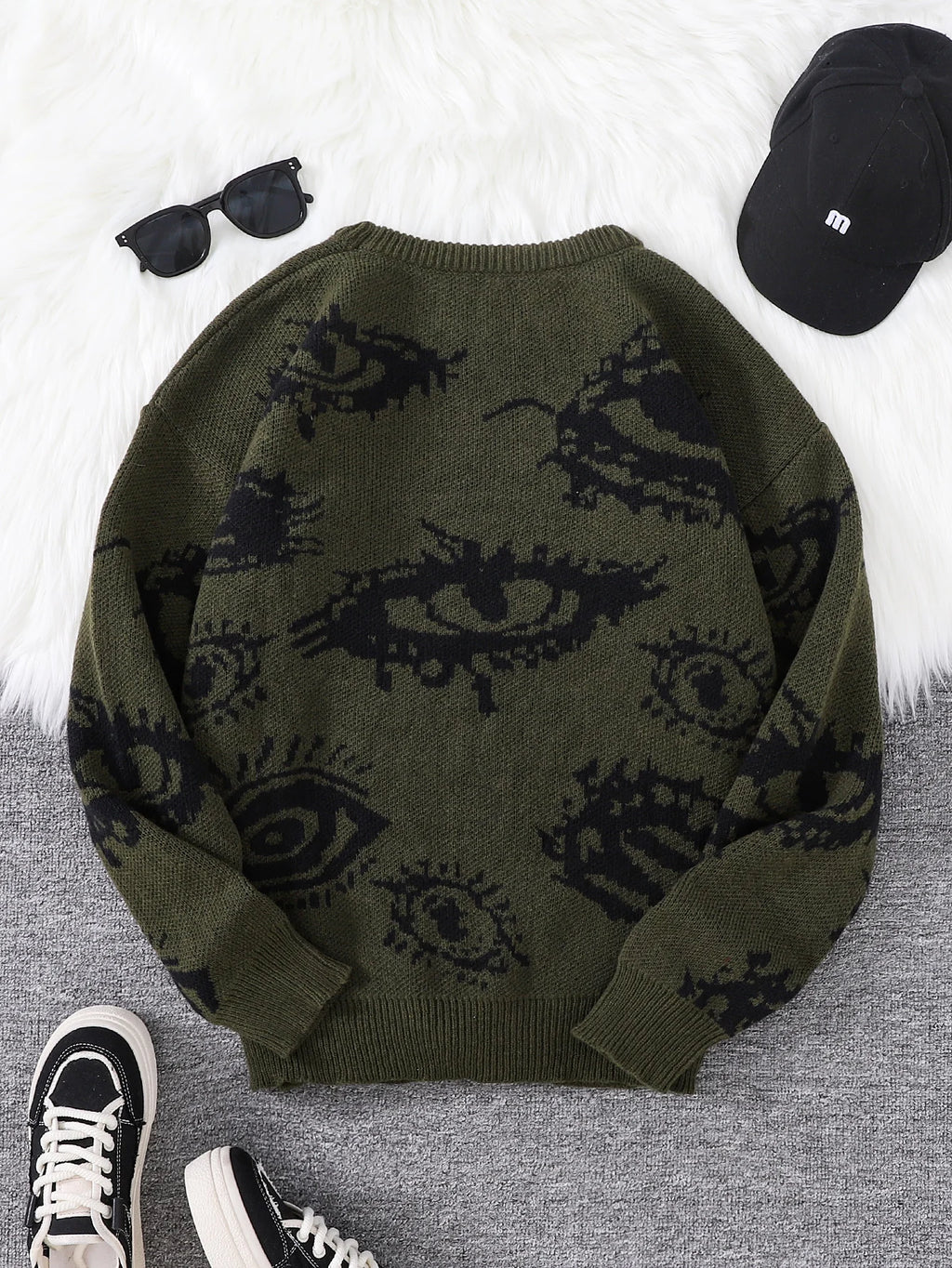 New Popular Autumn and Winter Abstract Eye Jacquard Pattern Pullover Sweater Casual Round Neck Knitted Men's Pullover