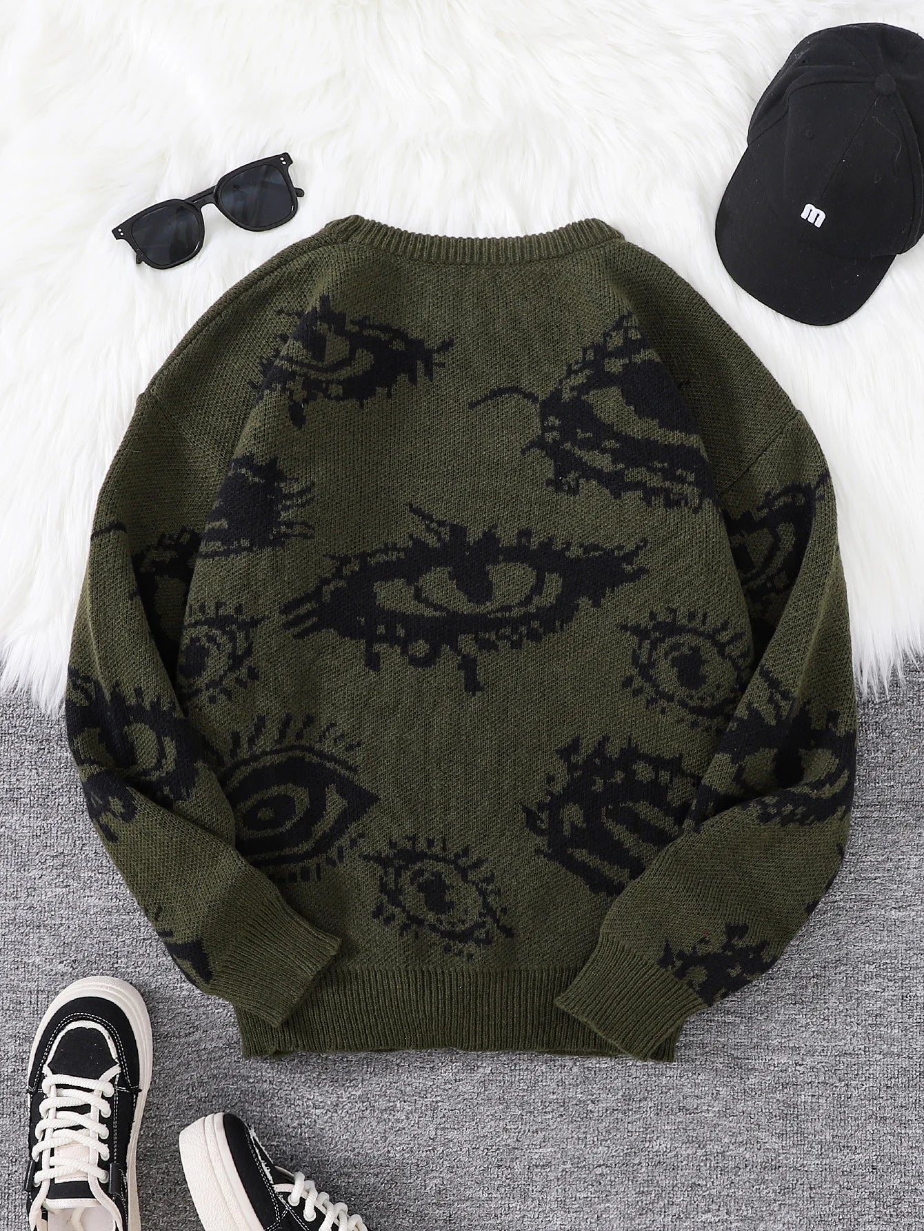 New Popular Autumn and Winter Abstract Eye Jacquard Pattern Pullover Sweater Casual Round Neck Knitted Men's Pullover