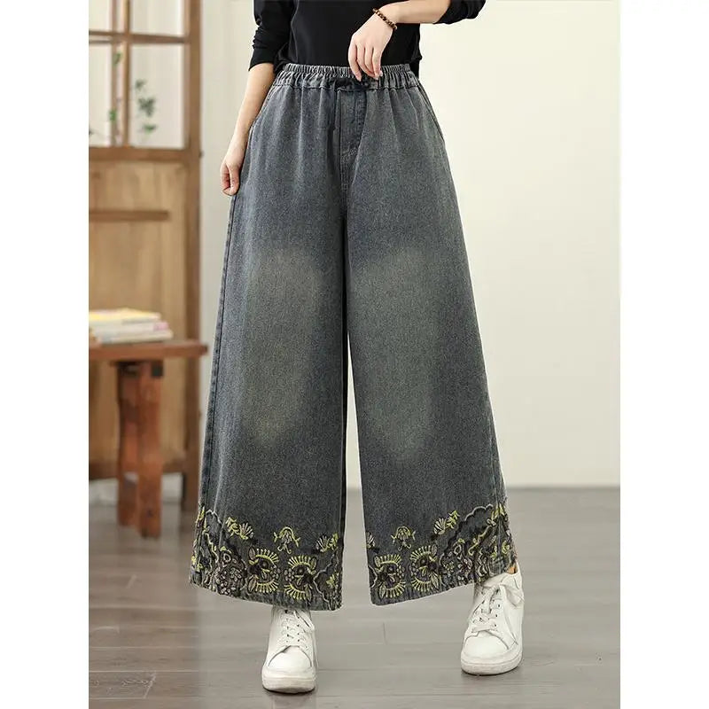 Denim Wide-leg Pants For Women 2025 Autumn Embroidery Elastic Waist Loose And Oversized Casual Denim Straight Pants