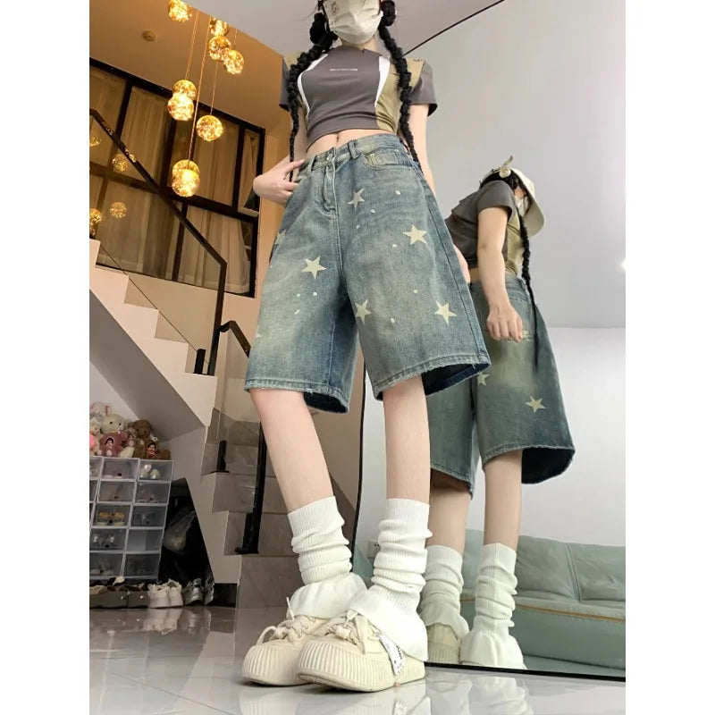 Casual Floral Loose Wide Leg Womens Jeans Retro Star Design Straight Leg Comfort Soft Denim Shorts