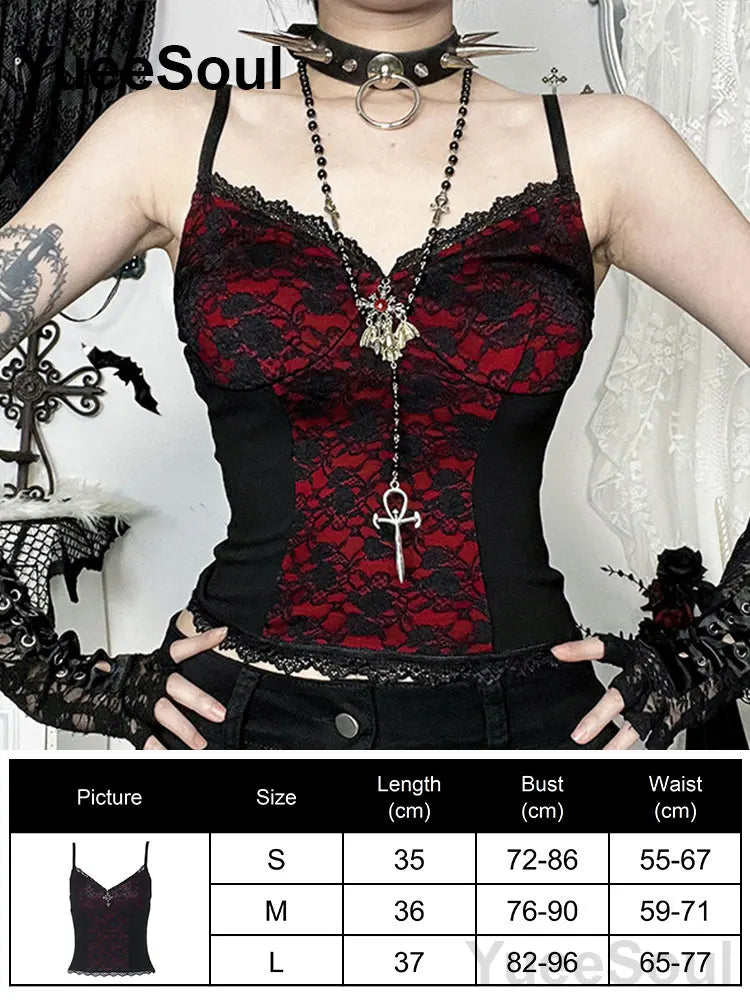 Gothic Lace Mesh Crop Tops Black Sexy Spaghetti Strap Corset Tops Goth Punk Grunge Fairy Core Halloween Y2K Aesthetic Clothes