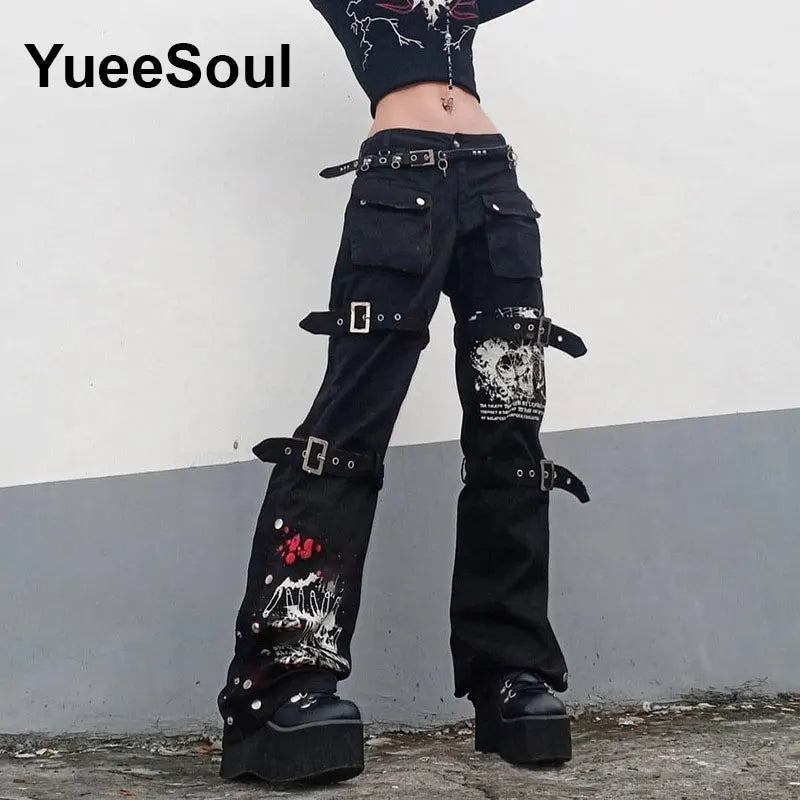 Gothic Emo Alt Women Pants Techwear Hippie Baggy Trousers Mom Goth Punk Black Cargo Pants Cyber Y2k Pants Academic Dark Clothes