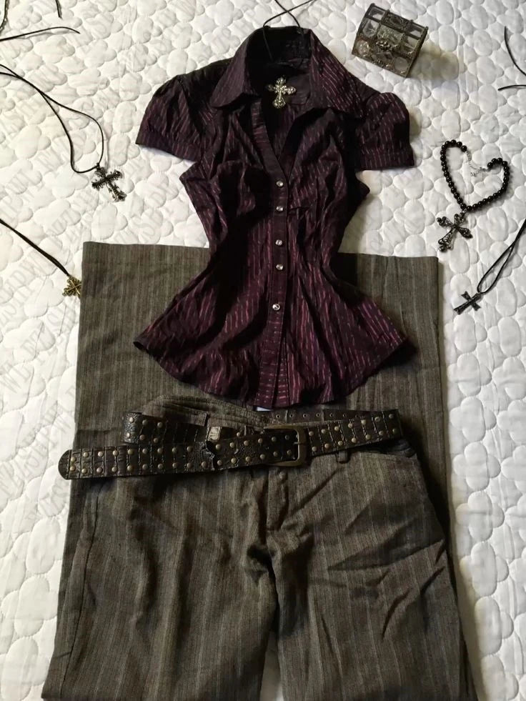 Gothic Classic Shirts Woman Trappings Punk emo Y2K Aesthetic Tops Stripes Harajuku Clothing Vintage Fashion Daily emo Slim Tee