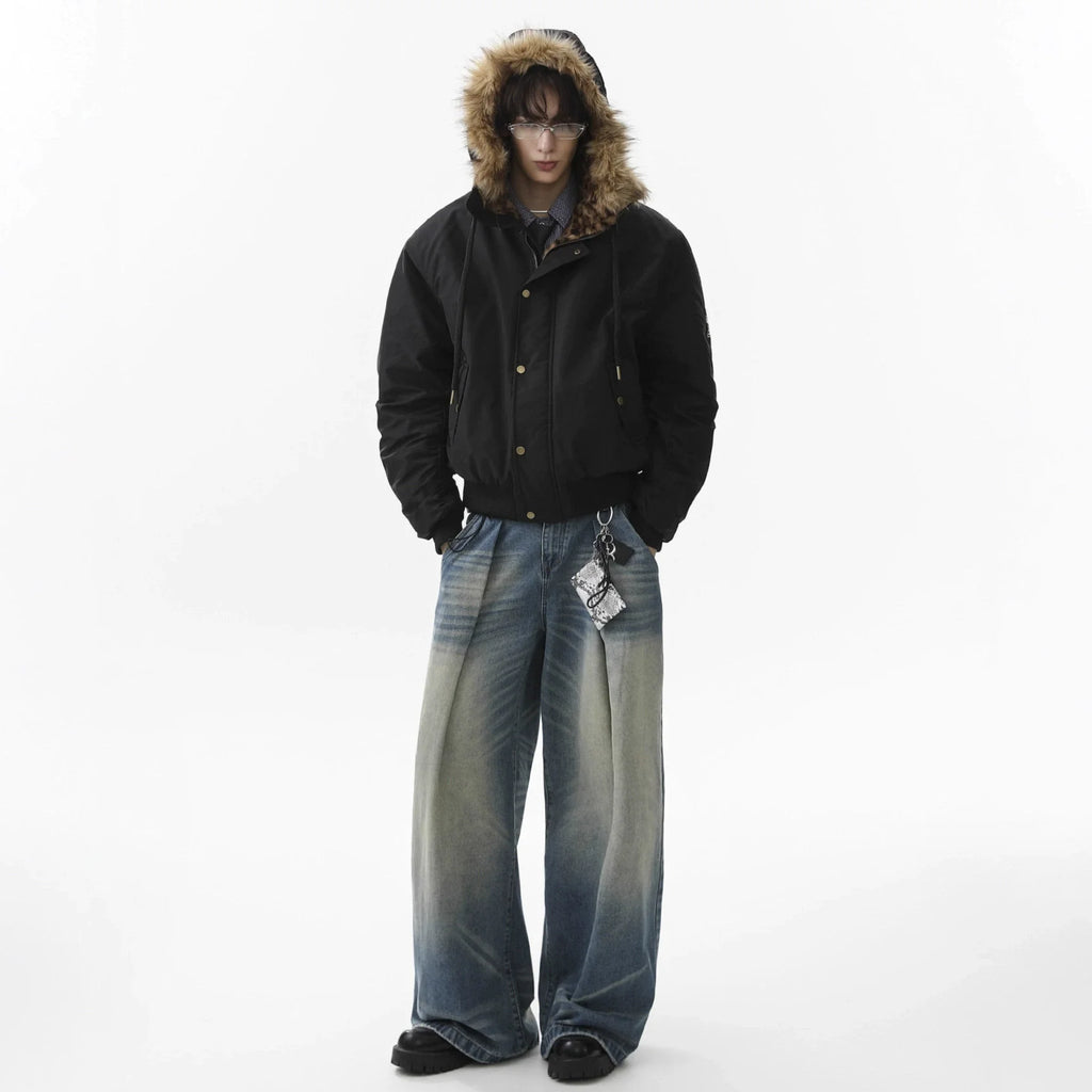 2025 Winter Vintage Thick Jackets Men‘s Fur Collar Warm Hooded Parkas Jacket Y2K Cotton Padded Coats Hip Hop Streetwear