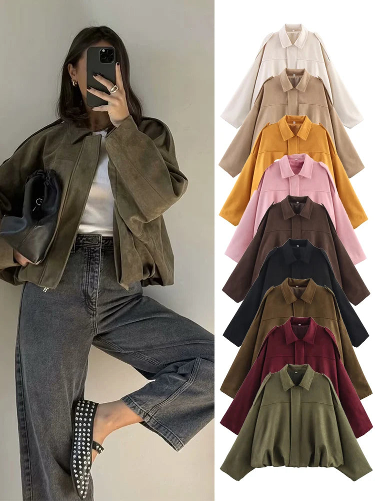 TFMLN Women Suede Bomber Jacket Spring New Fashion Long Sleeve Zipper Oversize Solid Bomber Coat Chic Lady 2025 Streetwear