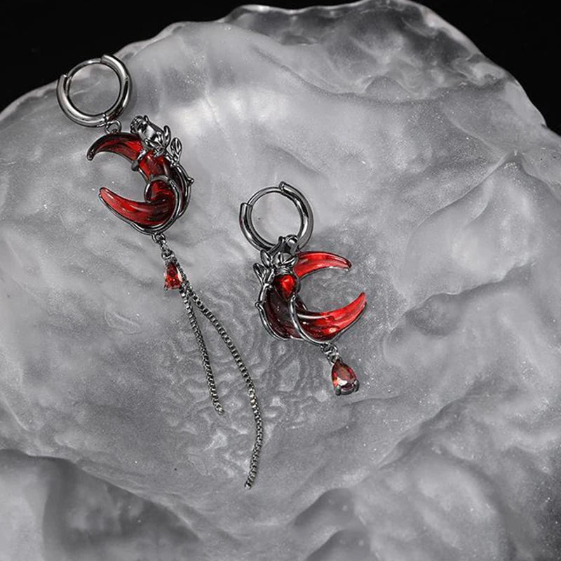 Red Moon Gem Asymmetric Earrings Personality Hip-pop Gothic Dark Ear Pendants Tassel Chain Eardrop Ear Buckle Jewelry Accessory