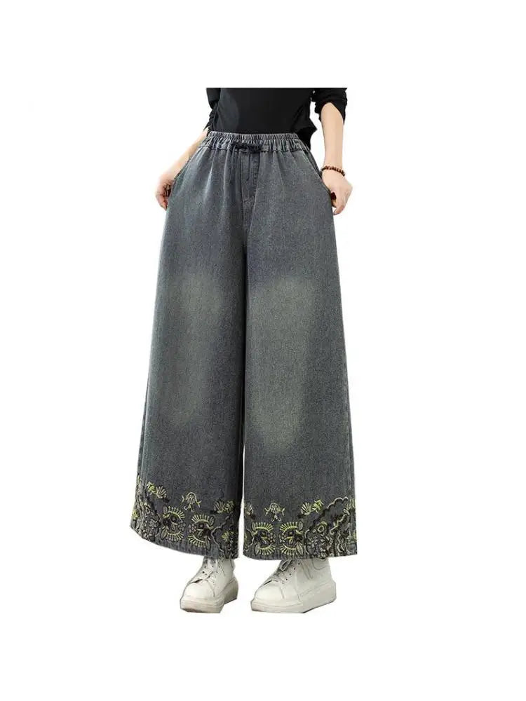 Denim Wide-leg Pants For Women 2025 Autumn Embroidery Elastic Waist Loose And Oversized Casual Denim Straight Pants