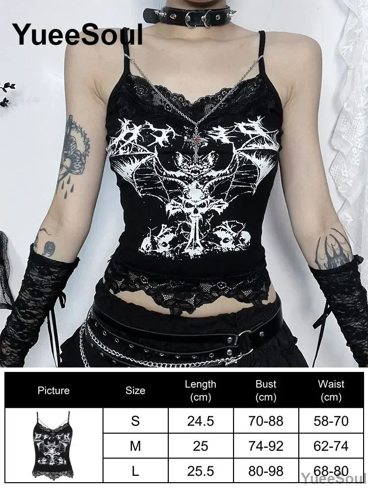 Gothic Lace Mesh Crop Tops Black Sexy Spaghetti Strap Corset Tops Goth Punk Grunge Fairy Core Halloween Y2K Aesthetic Clothes