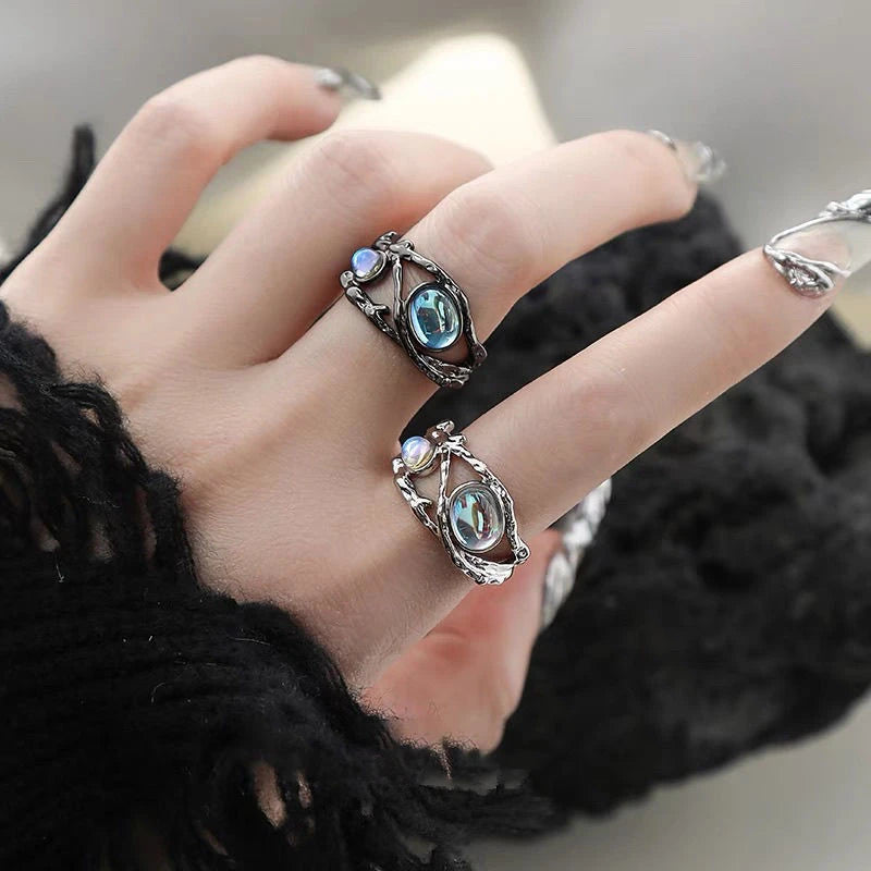 Punk Geometry Moonstone Open Dark Metal Ring For Women Girls Fashion Vintage Jewelry Y2K EMO Grunge EMO Accessories