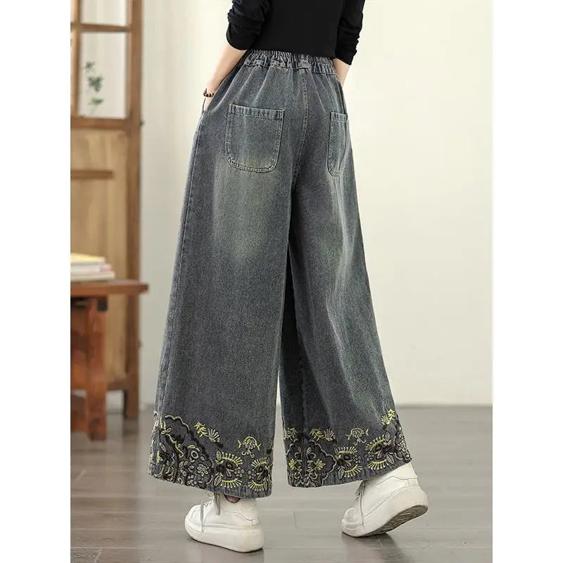 Denim Wide-leg Pants For Women 2025 Autumn Embroidery Elastic Waist Loose And Oversized Casual Denim Straight Pants